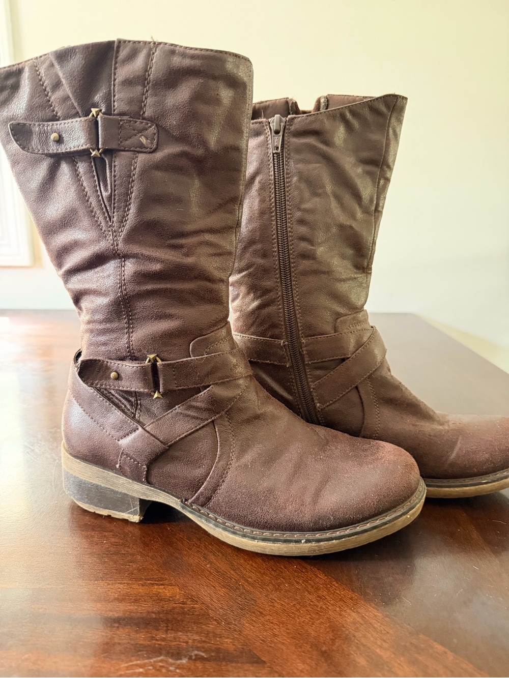 BareTraps Arly Brown Moto Boots Women’s 8 M Harness Studded Boho Y2K